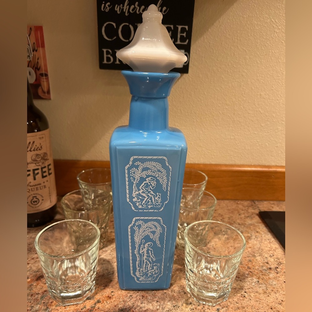Jim Beam Blue Milk Glass Whiskey  Decanter w/Opal Glass stopper 13” Vintage 1963